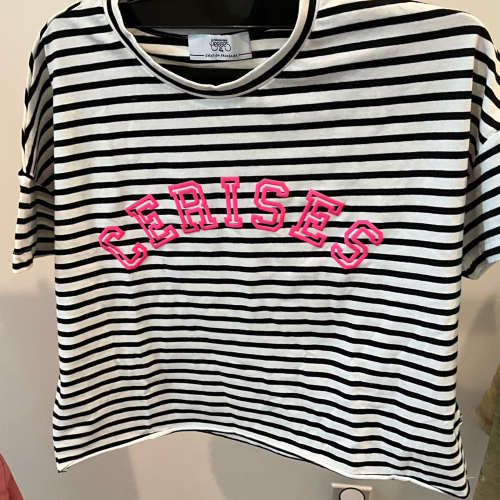 *FROM PARIS* Le Temps Des Cerises Black and White Striped Tee with Pink Accents